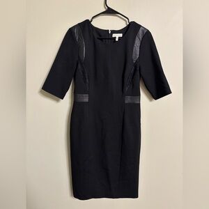 Rebecca Taylor 3/4 Sleeve Faux Leather Trim Ponte Black Sheath Dress Size 8